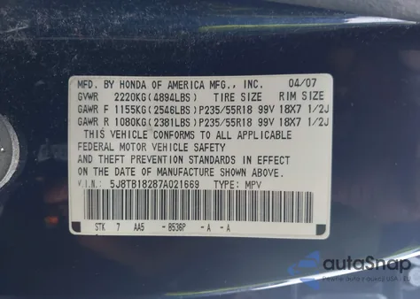 2007 Acura Rdx из США, поврежденный, VIN 5J8TB18287A021669